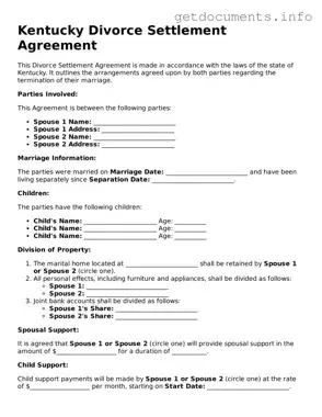 Free  Divorce Settlement Agreement Template for Kentucky