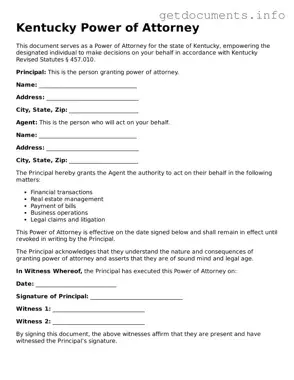 Free  Power of Attorney Template for Kentucky