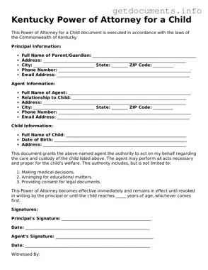 Free  Power of Attorney for a Child Template for Kentucky
