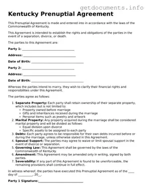 Free  Prenuptial Agreement Template for Kentucky