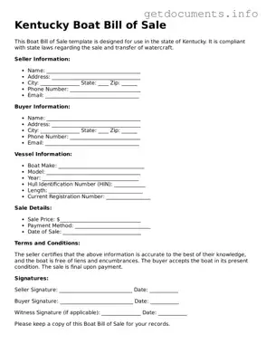 Free  Boat Bill of Sale Template for Kentucky