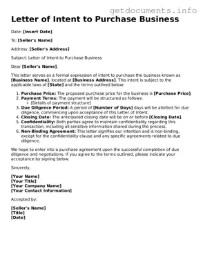 Printable Letter of Intent to Purchase Business Document