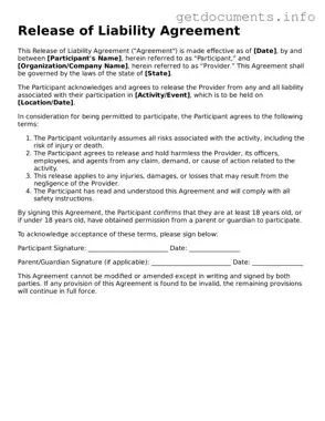 Printable Release of Liability Document