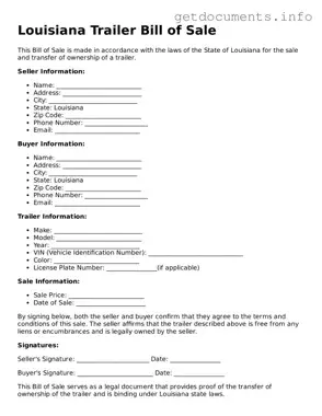 Free  Trailer Bill of Sale Template for Louisiana