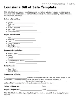 Free  Bill of Sale Template for Louisiana