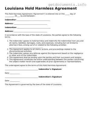 Free  Hold Harmless Agreement Template for Louisiana
