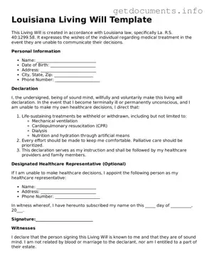 Free  Living Will Template for Louisiana