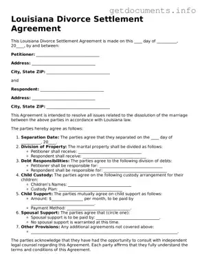 Free  Divorce Settlement Agreement Template for Louisiana