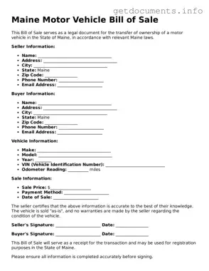 Free  Motor Vehicle Bill of Sale Template for Maine