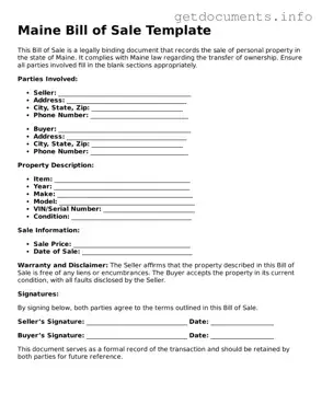 Free  Bill of Sale Template for Maine