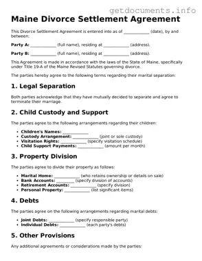 Free  Divorce Settlement Agreement Template for Maine