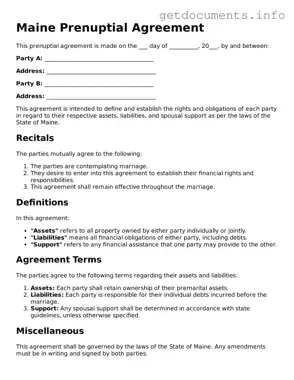 Free  Prenuptial Agreement Template for Maine