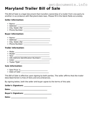 Free  Trailer Bill of Sale Template for Maryland