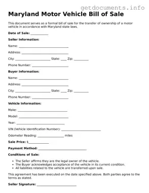 Free  Motor Vehicle Bill of Sale Template for Maryland