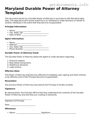 Free  Durable Power of Attorney Template for Maryland