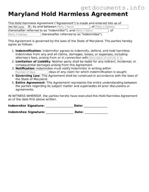 Free  Hold Harmless Agreement Template for Maryland