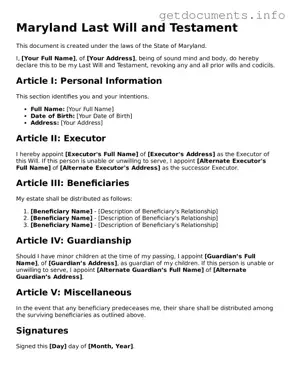 Free  Last Will and Testament Template for Maryland