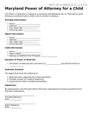 Free  Power of Attorney for a Child Template for Maryland