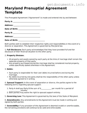 Free  Prenuptial Agreement Template for Maryland