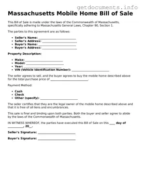 Free  Mobile Home Bill of Sale Template for Massachusetts