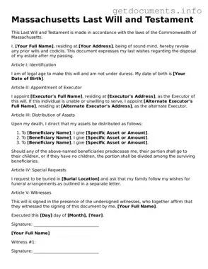Free  Last Will and Testament Template for Massachusetts