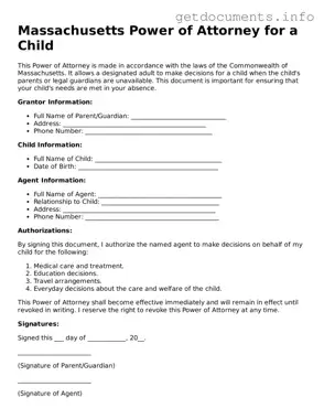 Free  Power of Attorney for a Child Template for Massachusetts