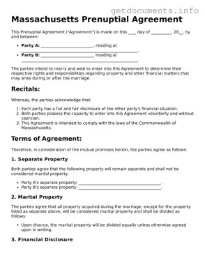 Free  Prenuptial Agreement Template for Massachusetts