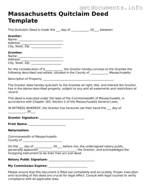 Free  Quitclaim Deed Template for Massachusetts