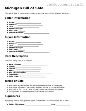 Free  Bill of Sale Template for Michigan