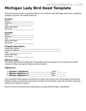 Free  Lady Bird Deed Template for Michigan