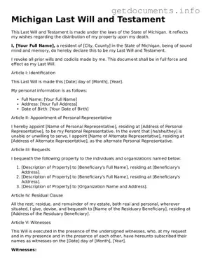 Free  Last Will and Testament Template for Michigan