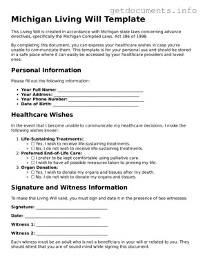 Free  Living Will Template for Michigan