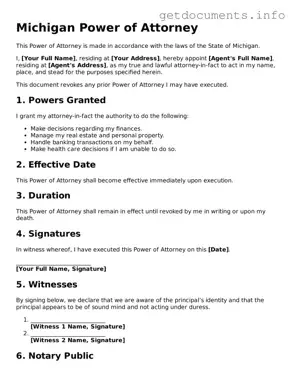 Free  Power of Attorney Template for Michigan