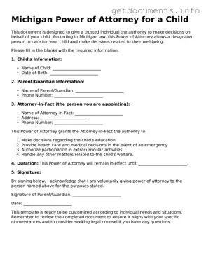 Free  Power of Attorney for a Child Template for Michigan
