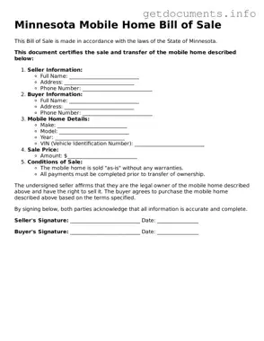 Free  Mobile Home Bill of Sale Template for Minnesota
