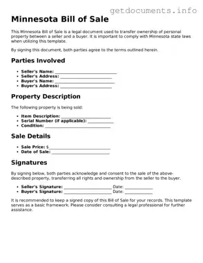 Free  Bill of Sale Template for Minnesota
