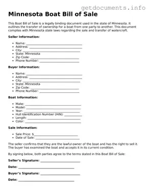 Free  Boat Bill of Sale Template for Minnesota