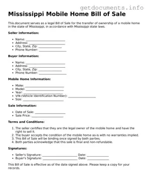 Free  Mobile Home Bill of Sale Template for Mississippi