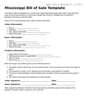 Free  Bill of Sale Template for Mississippi