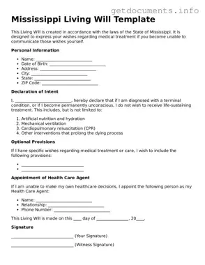 Free  Living Will Template for Mississippi