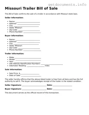 Free  Trailer Bill of Sale Template for Missouri