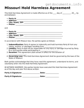 Free  Hold Harmless Agreement Template for Missouri