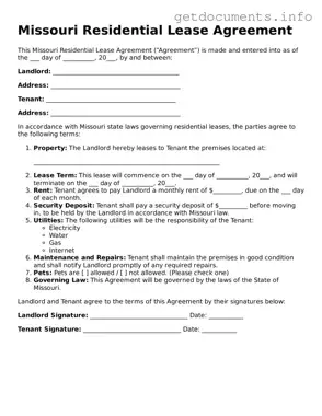 Free  Lease Agreement Template for Missouri