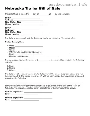 Free  Trailer Bill of Sale Template for Nebraska