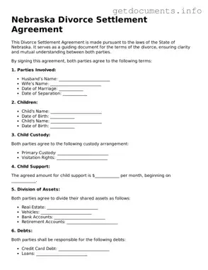 Free  Divorce Settlement Agreement Template for Nebraska