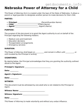 Free  Power of Attorney for a Child Template for Nebraska