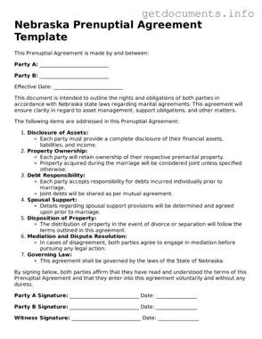 Free  Prenuptial Agreement Template for Nebraska