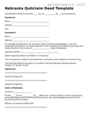 Free  Quitclaim Deed Template for Nebraska