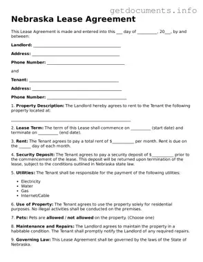 Free  Lease Agreement Template for Nebraska