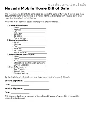 Free  Mobile Home Bill of Sale Template for Nevada